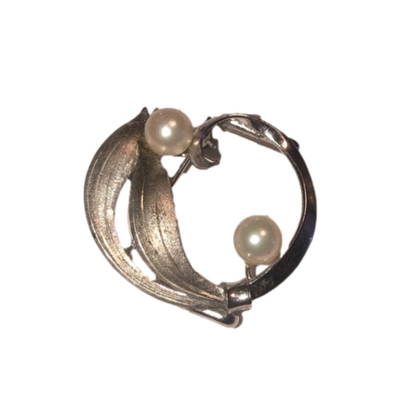 VTG Pearl & Sterling Silver Leaves Round Brooch / Pendant 1.2” - Picture 1 of 5